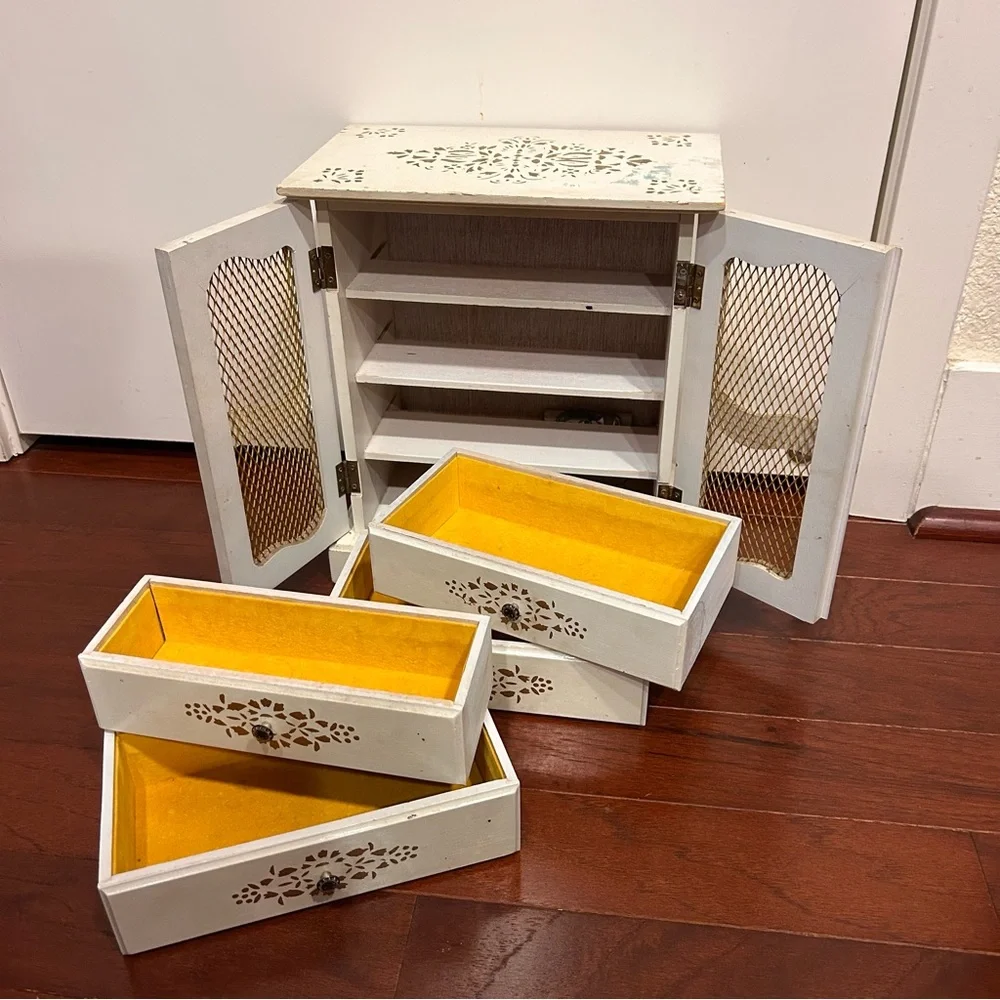 Vintage Jewelry Box French Provincial White Cabinet Music Box hand painted